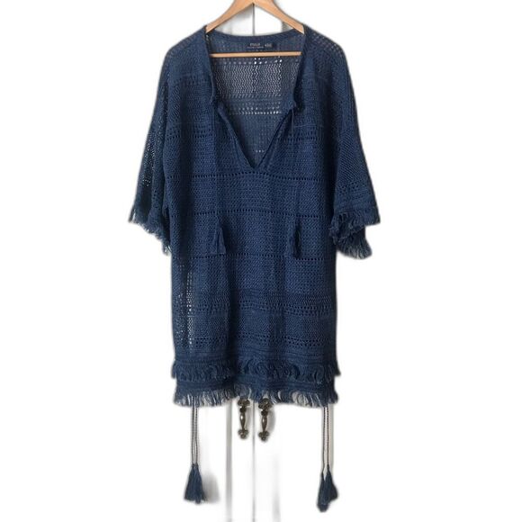 Polo Ralph Lauren Fringed Blue Linen Woven Tunic Top Size Medium - Picture 5 of 8